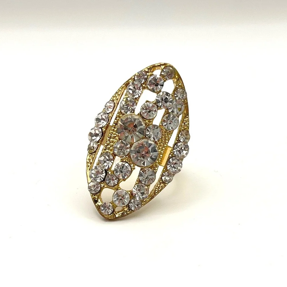 Gold Tone‎ Rhinestone Marquise Filigree Adjustable Statement Cocktail Ring